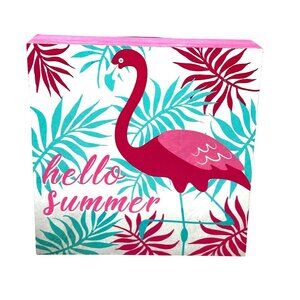 Hello Summer Flamingo Wooden Block Wall Art 6x6 Inches Tropical Decor Pink Green